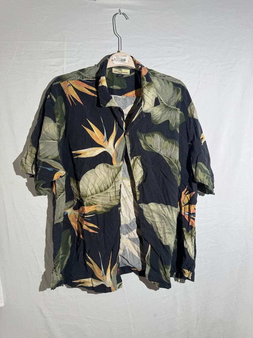 Tommy Bahama Silk Hawaiian Shirt Mens XL Black Bird of Paradise Short Sleeve⁠